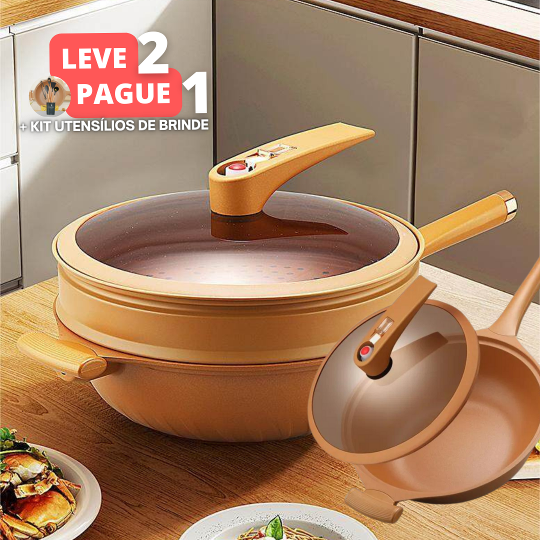 [Nivel 2 y Pague 1] Frigideira Wok de Cerâmica Multifuncional 8 en 1 – ¡Ultra resistente contra explosiones! + BRINDE Exclusivo: Kit de Utensílios 